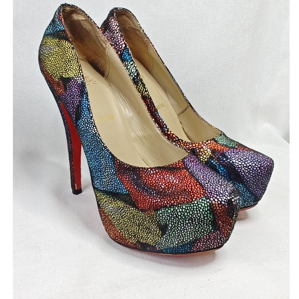 Christian Louboutin Daffodile Pumps 40 Pebble Texture Platform Leather Heels Red